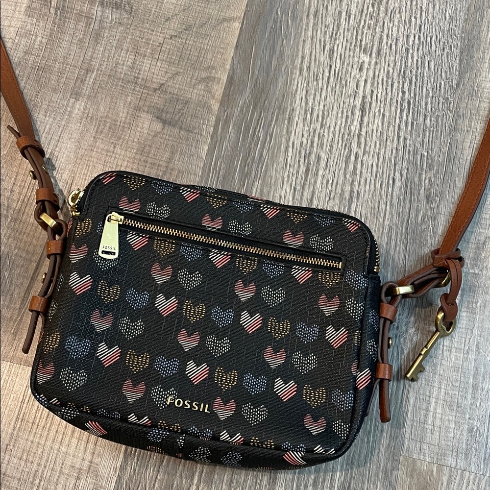Like new! Fossil Black Crossbody Bag with Heart Design